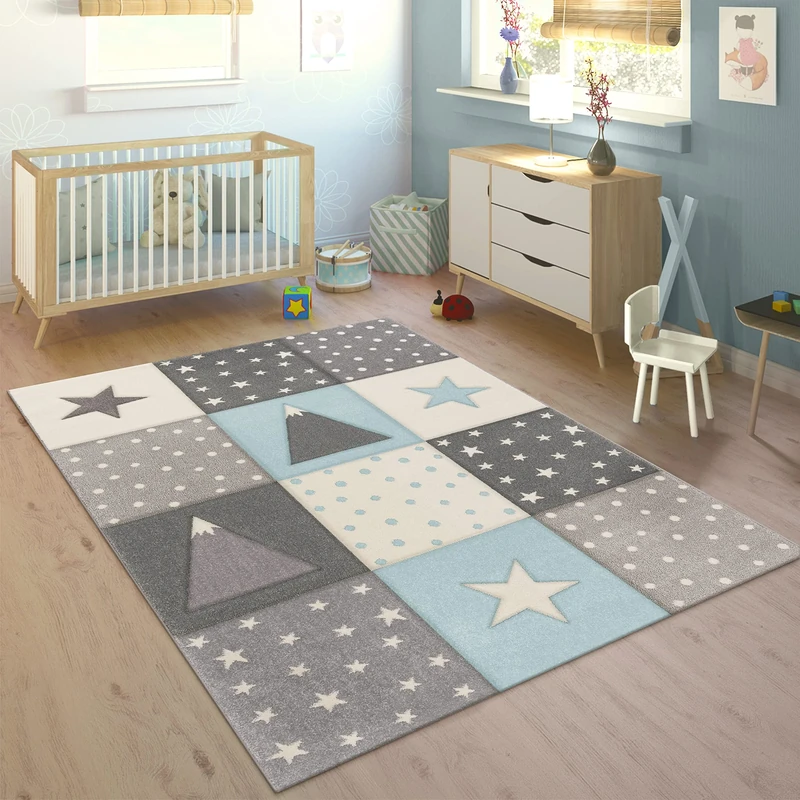 Paco Home Children's Rug Pastel Colours Checked Dots Hearts Stars White Grey Blue, Size:160x230 cm