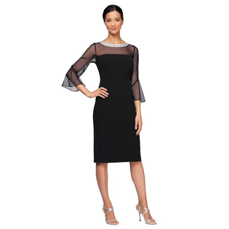 Alex Evenings Women's Short Shift Cocktail Dress with Embellished Illusion Detail, Wedding Guest (Petite and Regular Sizes), Black, 18