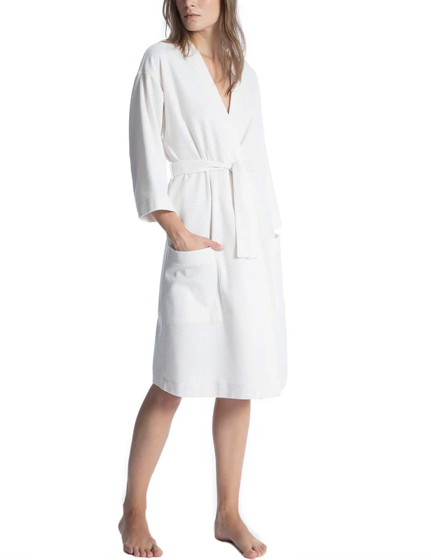 CALIDA Cosy Shower Women's Terry Towelling Bathrobe with Shawl Collar, 120 cm, Very Absorbent Inside, Cuddly Soft Exterior, with Belt Loops and Two Patch Pockets, Leisure White, 36-38