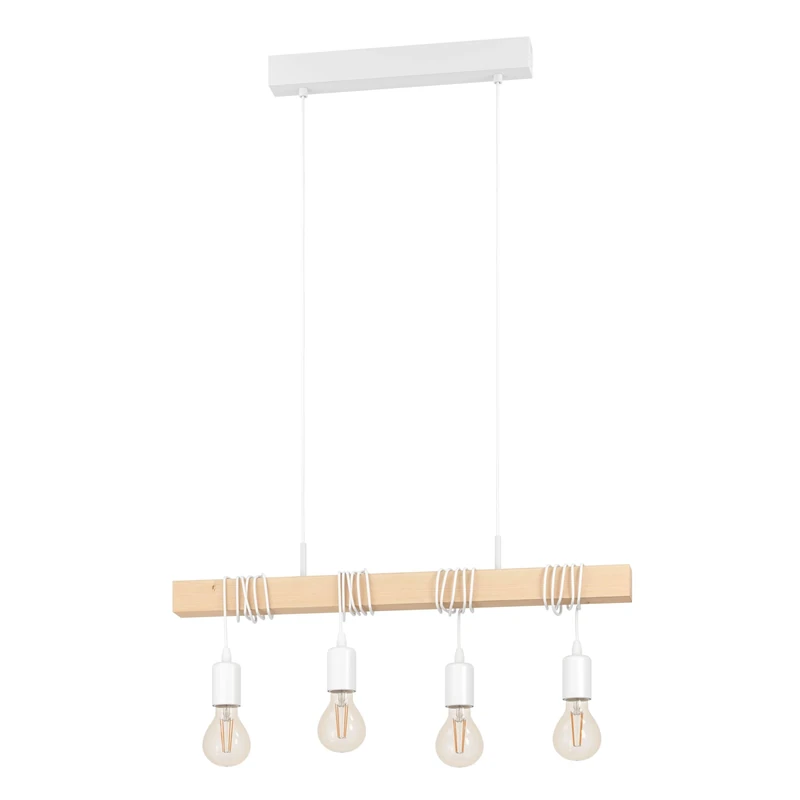 EGLO Townshend Pendant Lamp, 4 Bulbs Vintage Pendant Light in Industrial Design, Retro Hanging Lamp Made of Steel and Wood, Colour: White, Brown, Socket: E27