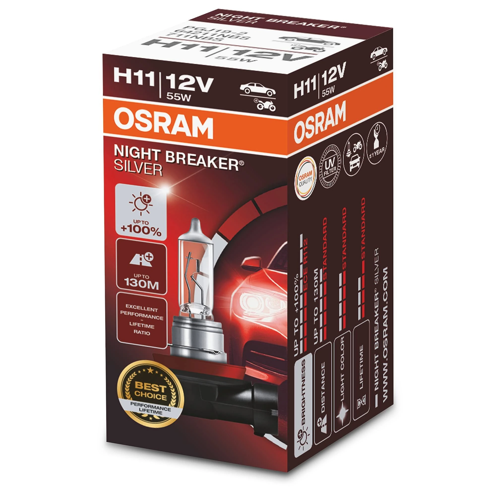 OSRAM NIGHT BREAKER SILVER H11, +100% more brightness, halogen headlamp, 64211NBS, 12V, passenger car, folding box (1 lamp)