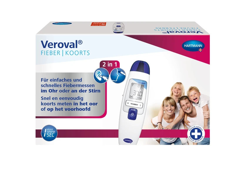 Veroval 2 in 1 Infrared Fever Thermometer: for Easy and Quick Measuring of Fever in The Ear or Forehead, Ideal for Families with Children, with 10 Protective caps