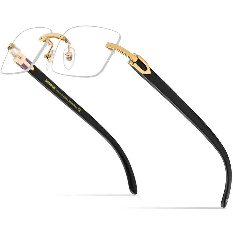 HEPIDEM 100% Really Buffalo Horn Handmade Sun Glasses Square Rimless Luxury Sunglasses (907 Black) - Image 1