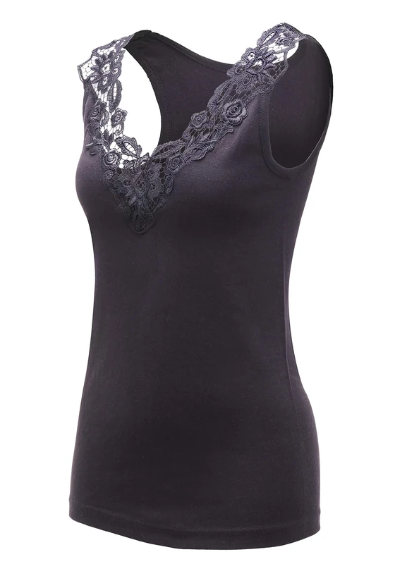 MARIA ANGEL LINGERIE Ladies Plain Cotton Wide Strap Vest Top Lace Trim Neck Design Cami Tank Camisole (UK, Numeric, 16, 18, Regular, Regular, Black)