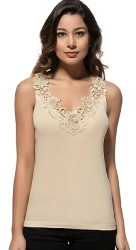 MARIA ANGEL LINGERIE Ladies Plain Cotton Wide Strap Vest Top Lace Trim Neck Design Cami Tank Camisole (UK, Numeric, 16, 18, Regular, Regular, Beige)