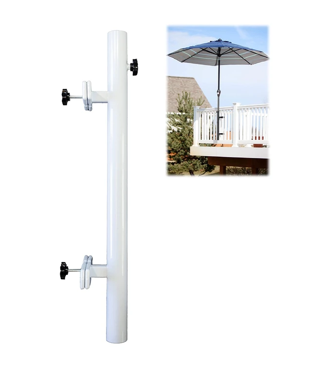 J&C Brands Patio Umbrella Holder | Outdoor Umbrella Base and Mount | Attaches to Railing Maximizing Patio Space and Shade (White)