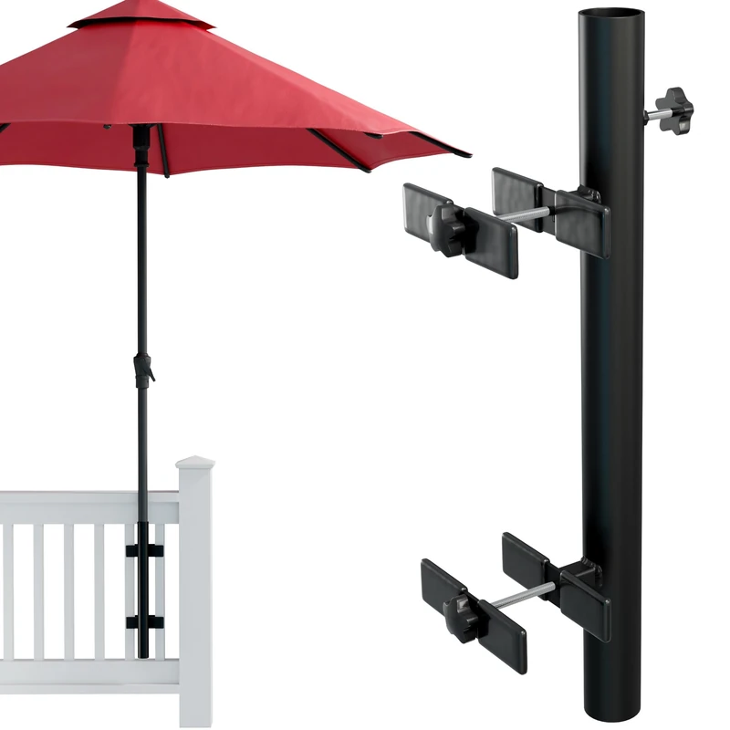 J&C Brands Patio Umbrella Holder | Outdoor Umbrella Base and Mount | Attaches to Railing Maximizing Patio Space and Shade (Black)