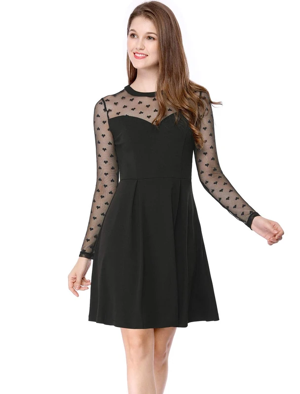 Allegra K Women's Heart Polka Dots Mesh Sheer Skater Party A-Line Short Dress Black 20