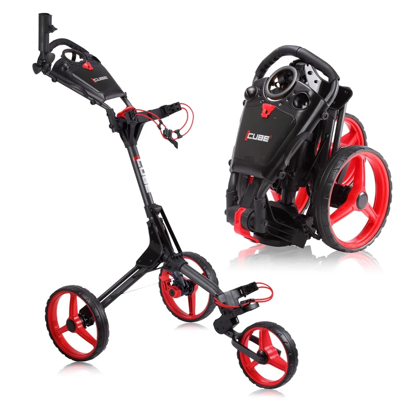 Cube CART 3 Wheel Push Pull Golf CART - Two Step Open/Close - Smallest Folding Lightweight Golf CART in The World - Choose Color! (Charcoal/Red) - Image 1