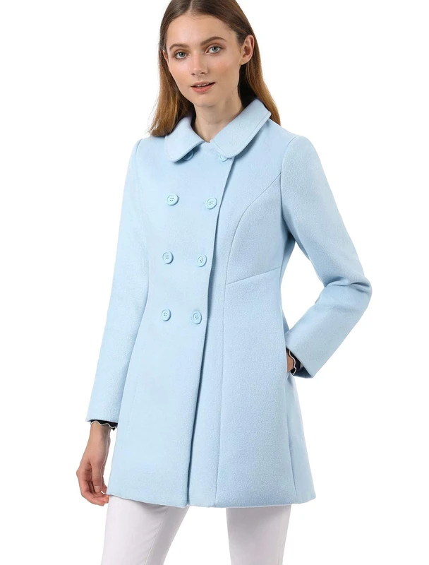 Allegra K Women's Peter Pan Collar Double Breasted Winter Long Trench Pea Coat Blue XS