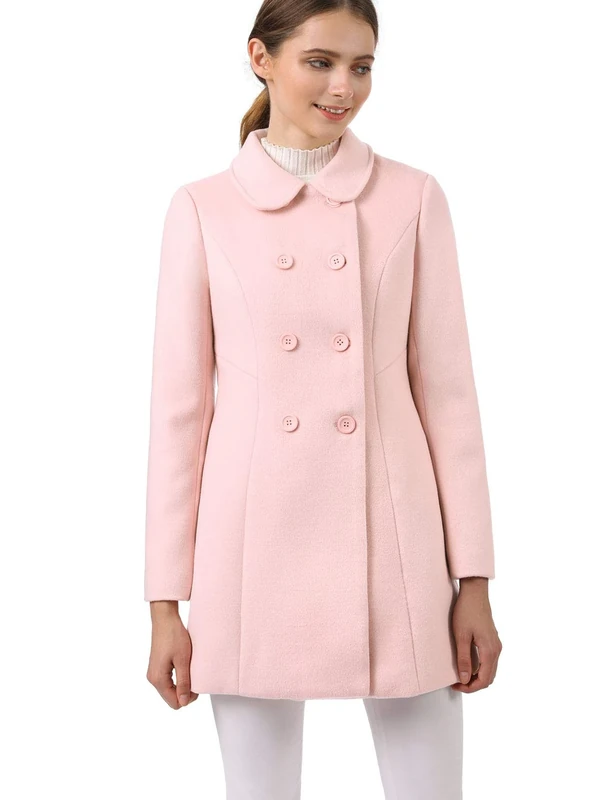 Allegra K Women's Peter Pan Collar Double Breasted Winter Long Trench Pea Coat Pink M