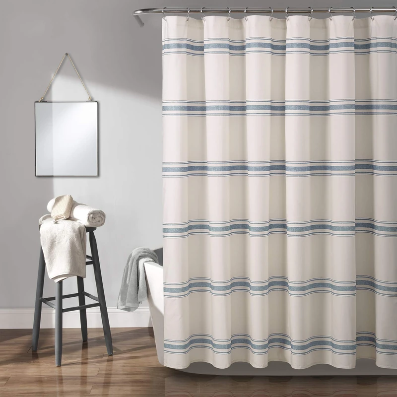 Lush Decor Farmhouse Stripe Cotton Shower Curtain, 72" W x 72" L, Blue - Classic Modern Rustic Charm Bathroom Decor