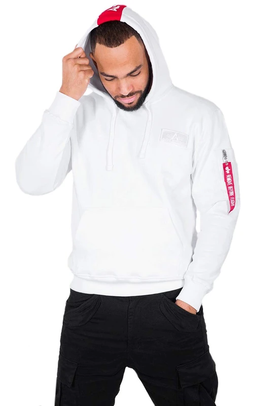 ALPHA INDUSTRIES Men's Red Stripe Hoody Sports Hoodie, White, M - Image 1