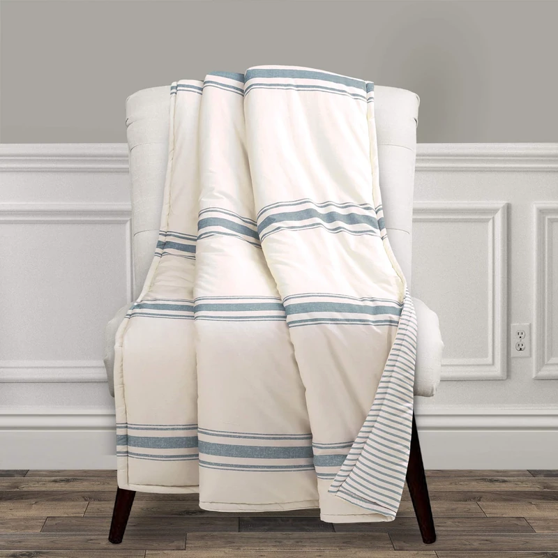 Lush Decor Farmhouse Stripe Reversible Throw, Single, 50" W x 60" L, Blue - Classic Modern Rustic Charm - Cozy Soft Single Pinstripe Print Blanket