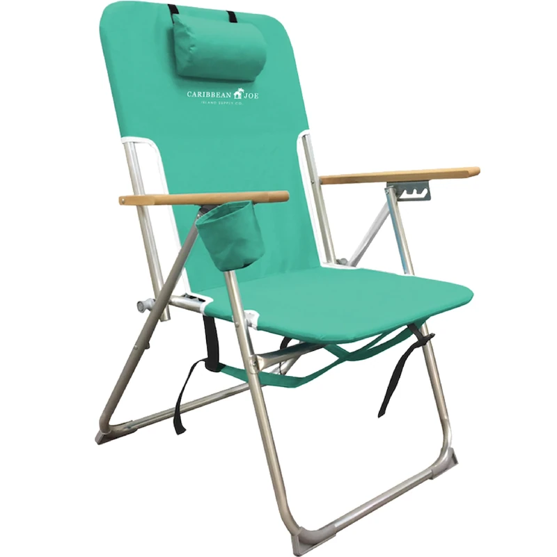 CARIBBEAN JOE Folding Beach Chair, 4 Position Portable Backpack Foldable Camping Chair with Headrest, Cup Holder, and Wooden Armrests, Teal