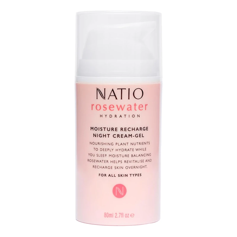Natio Australia Rosewater Hydration Moisture Recharge Night Cream-Gel, 80 ml - Face Moisturiser with Shea Butter - Face Cream for All Skin Types