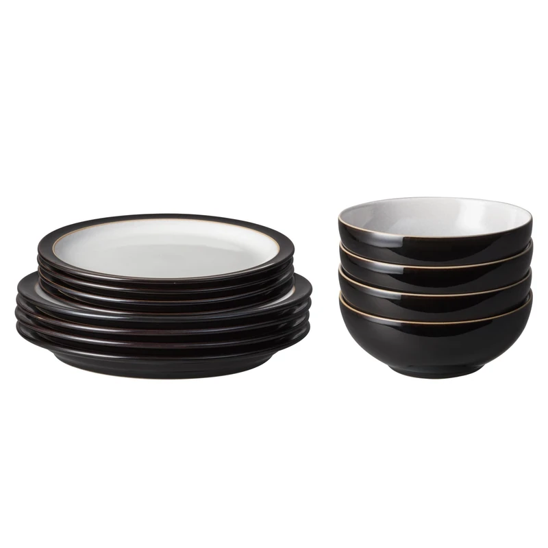 Denby - Elements Black Dinner Set For 4 - 12 Piece Ceramic Tableware Set - Dishwasher Microwave Safe Crockery Set - 4 x Dinner Plates, 4 x Medium Plates, 4 x Cereal Bowls