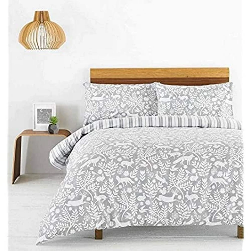 Creative Cloth Skandi Woodland King Duvet Cover Set - Grey and White - Scandinavian Woodland Animal Design - Striped Reverse - 100% Cotton - Machine Washable - 230 x 220cm (91" x 87" inches)