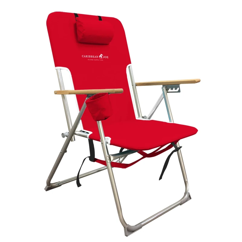CARIBBEAN JOE Folding Beach Chair, 4 Position Portable Backpack Foldable Camping Chair with Headrest, Cup Holder, and Wooden Armrests, Red, 33.5" D x 3" W x 25" H - Image 1