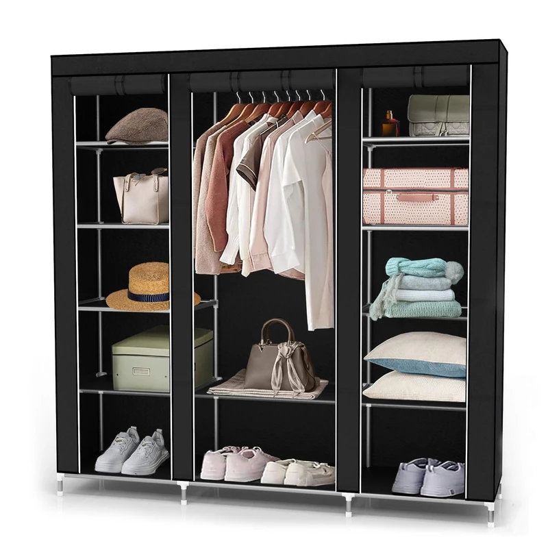 INTIRILIFE Fabric Wardrobe 150x175x45 cm in RAVEN BLACK - Lockable Folding Canvas Closet with Zipper, Side Pockets and Hanging Rail - Non-Woven Foldable Textile Storage