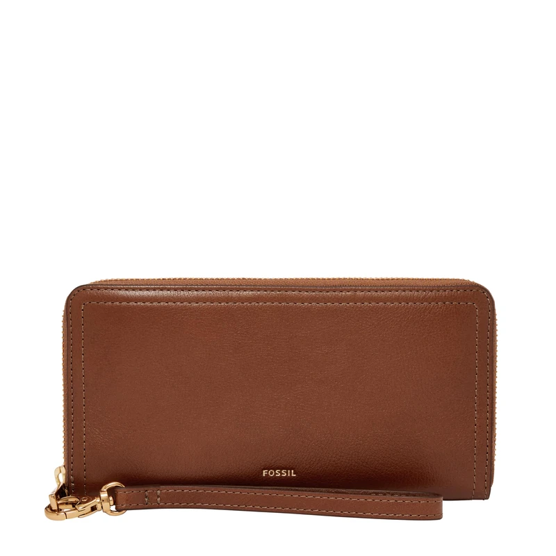 Fossil Women's Logan Leather RFID-Blocking Zip Around Clutch Wallet with Wristlet Strap for Women, Brown, One Size