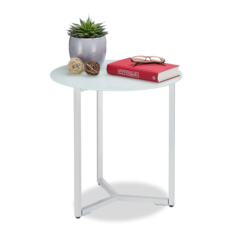 Relaxdays Round Glass and Metal Side Table, Decorative Lounge Stand, H x W x D: 51 x 50 x 50 cm, White
