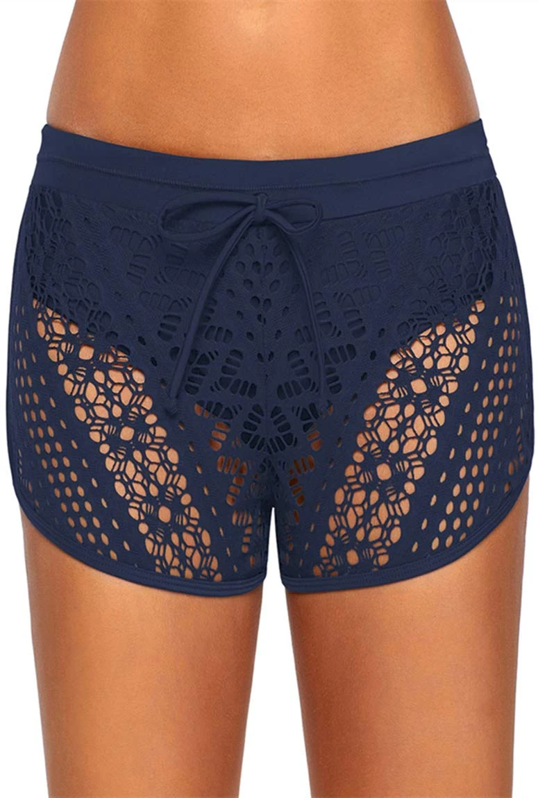 Ocean Plus Women's Crochet Lace Swim Shorts Elegant Bikini Shorts Tankini Bottoms Overlay Hotpants Panty Boxer Plus Size Swimwear Beach Shorts (M (UK 10-12), Blue)