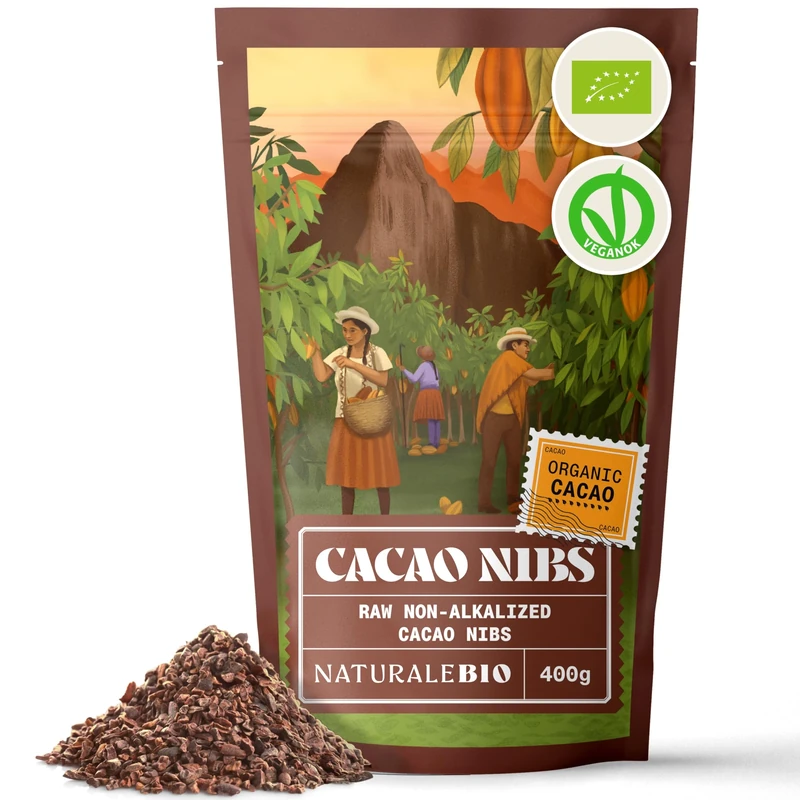 NaturaleBio Organic Raw Cacao Nibs 400g. Natural and Pure. Made in Tropical Regions from The Theobroma Cacao Plant. Source of Magnesium, Potassium and Iron.