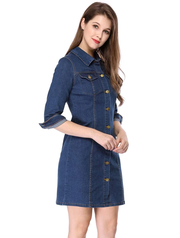 Allegra K Women's 3/4 Sleeve Button Down Denim Dress Blue L