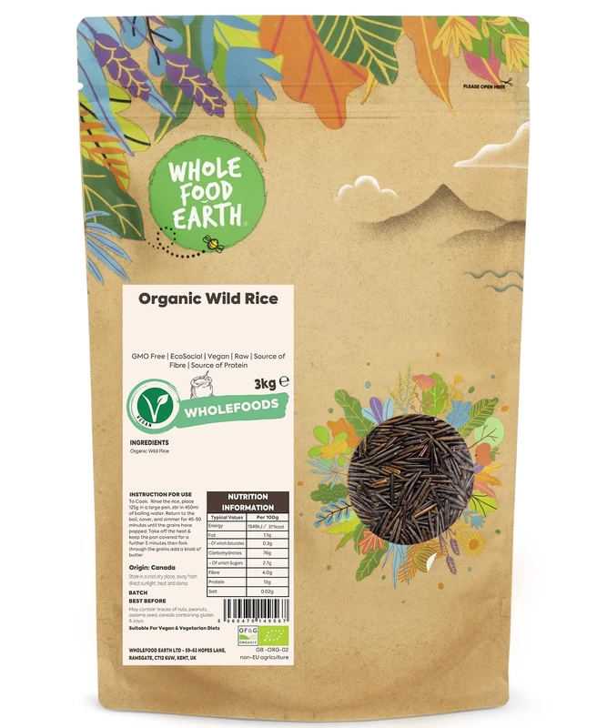 Wholefood Earth Organic Wild Rice 3kg GMO Free | EcoSocial | Vegan | Raw | Source of Fibre | Source of Protein | Certified Organic