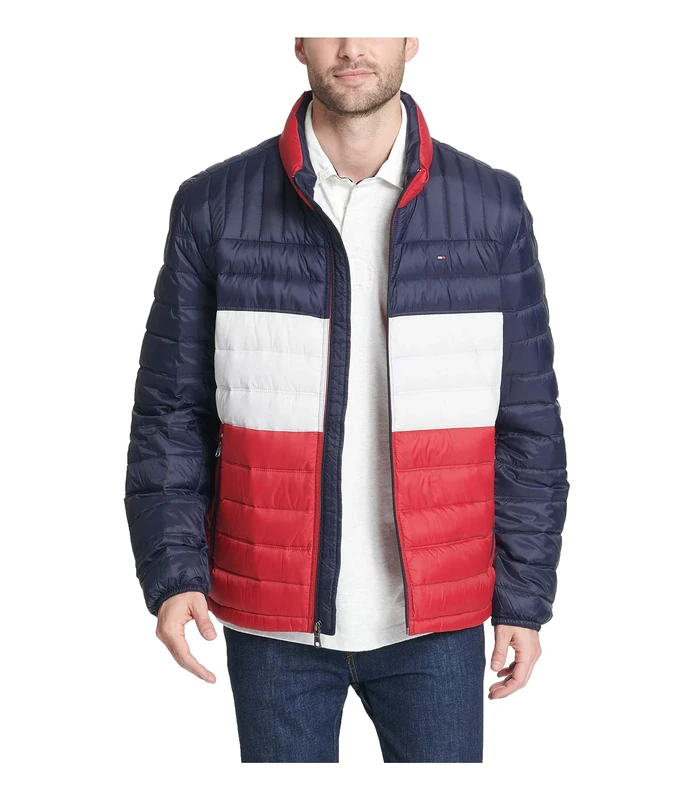 Tommy Hilfiger Men's Water Resistant Ultra Loft Down Alternative Puffer Jacket Coat, Midnight/Ice/Red Colorblock, XXL