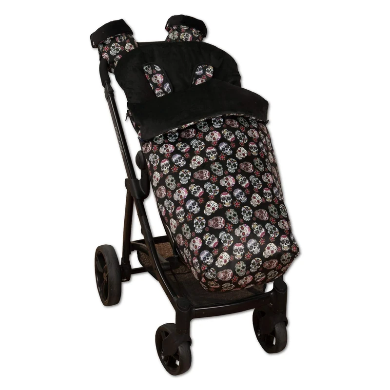 Universal Baby Footmuff Fleece Chair Indoor + Matching Gift Mitts!+ 2 Matching Gift Harness Cover! Removable, 3D Back Fabric, Water Repellent (Lovely Skull Black)