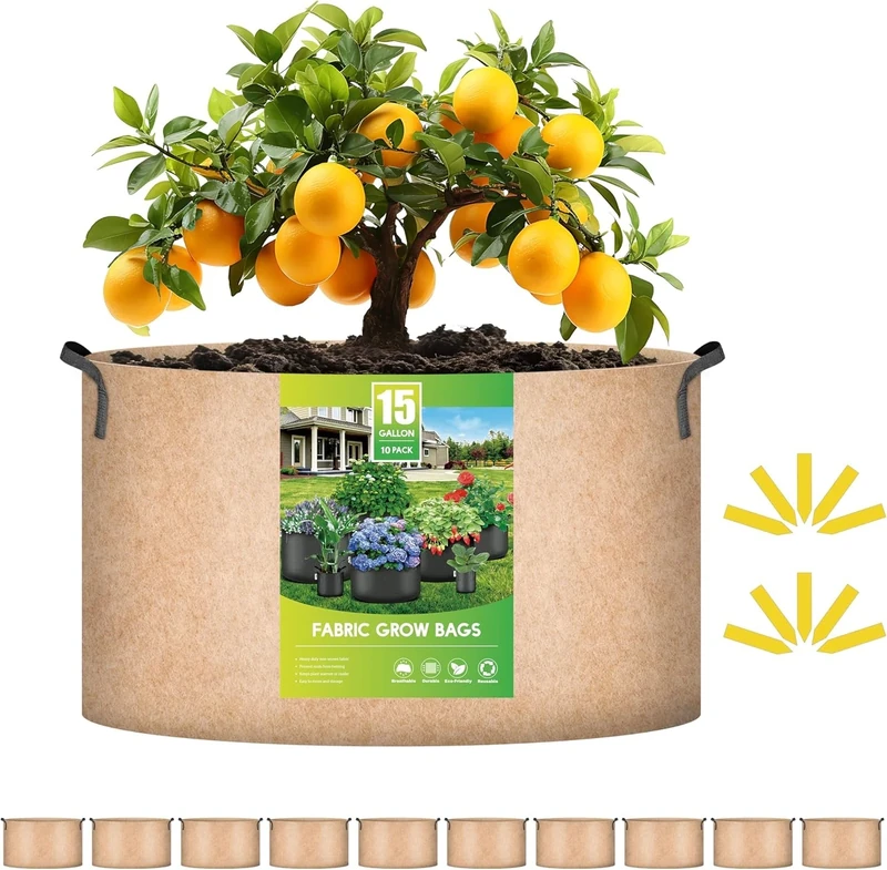 iPower 15 Gallon Grow Bags Nonwoven Fabric Pots Aeration Container with Strap Handles for Garden and Planting, 10-Pack Tan, 15 Gallon