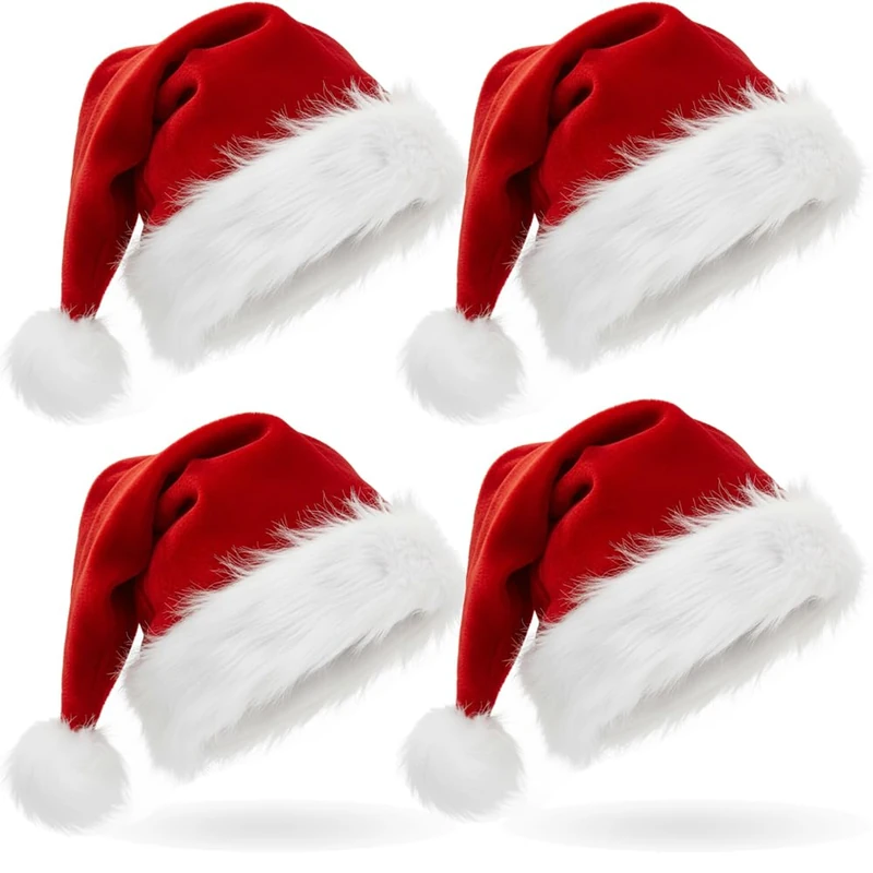 AOGU 4 Pack Plush Santa Hats - Red Velvet Christmas Hats