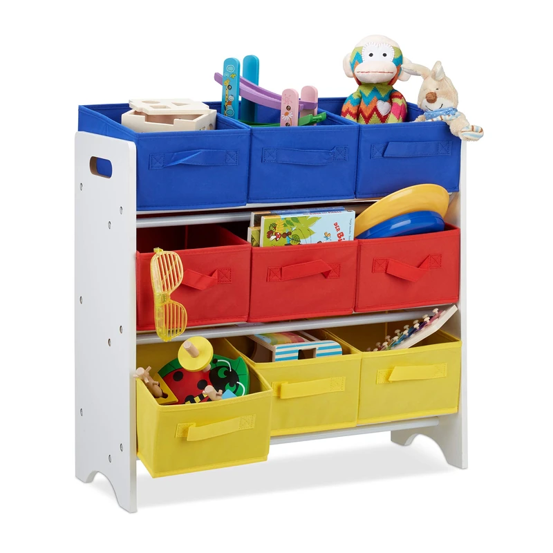 Relaxdays Children’s Storage Shelf with 9 Removable Boxes with Handles, Toy Organiser, MDF, HxWxD: 62x63x28cm, White/Colourful