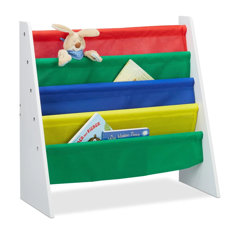 Relaxdays Colourful Bookcase for Children, Toy Storage Organiser Shelf, MDF+Polyester with 4 Fabric Covers - Image 1