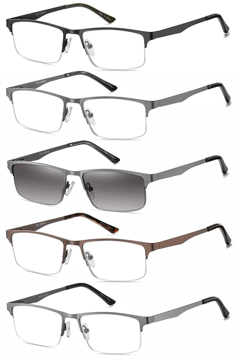 EYECEDAR 5 Pack Reading Glasses Men Metal Half Frame Spring Hinges Rectangular Style Eyeglasses Readers 1.50