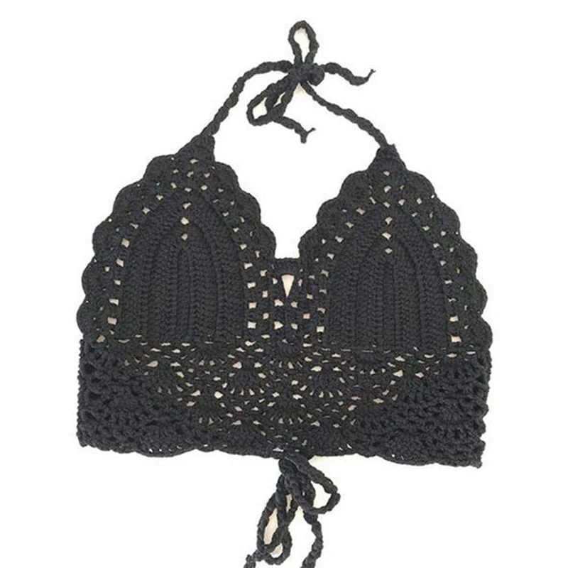Loalirando Women Crochet Halter Neck Bikini Top Adjustable Strings Knitted Crop Tops Bra Beach (One Size, Black)