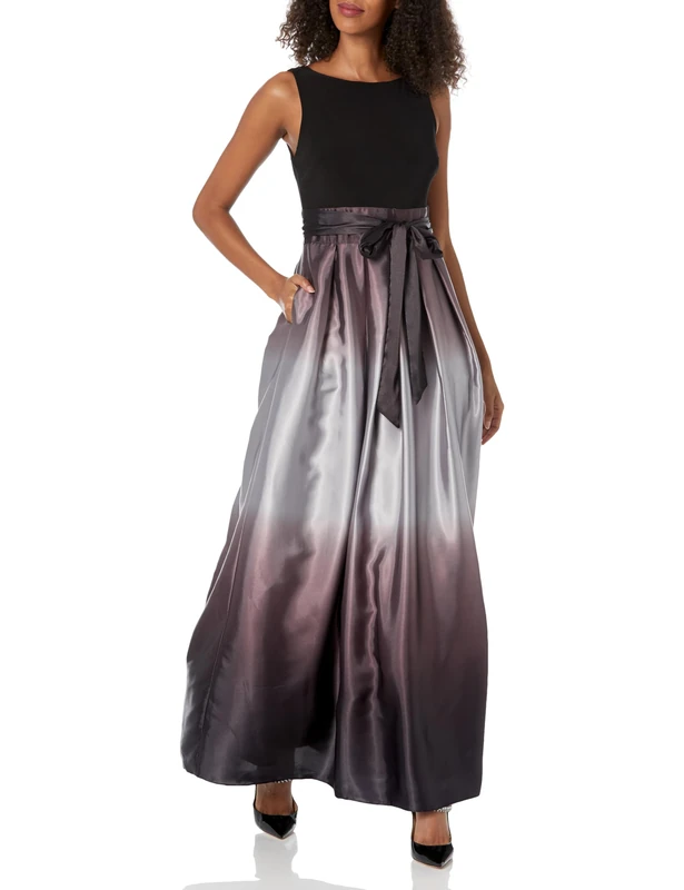 S.L. Fashions Women's Long Satin Mother of The Bride Dress with Pockets, Formal Party Gown (Petite and Regular Sizes) Special Occasion, Black Silver, 16