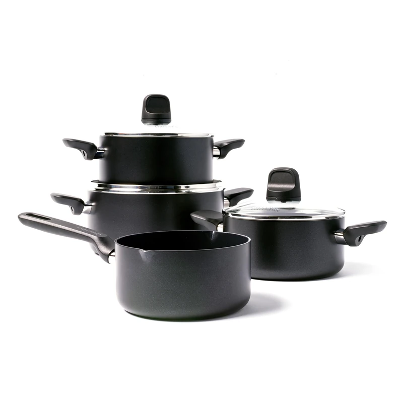 GreenPan Memphis Healthy Ceramic Non-Stick Cookware Pots and Pans Set, 7-Piece, Includes Saucepans, Casseroles, Lids, PFAS Free, Induction, Oven Safe, Black