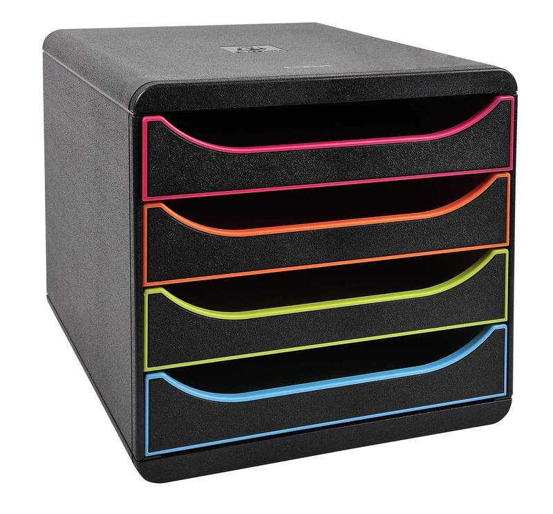 Exacompta - Ref 310914D - BIG-BOX Desktop Drawer Set - 4 x 55mm Drawers, Suitable for A4+ Documents, 347 x 278 x 267mm, 100% Recycled Plastic - Black/Multi