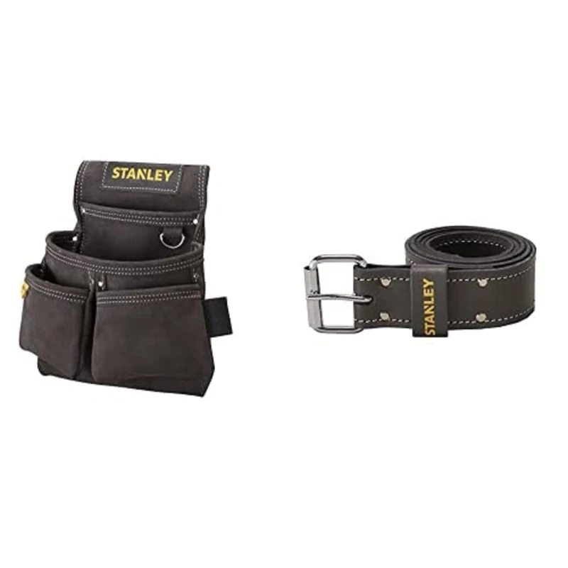 STANLEY Leather Belt, Dark Brown with Leather Double Nail Pocket Pouch, Black