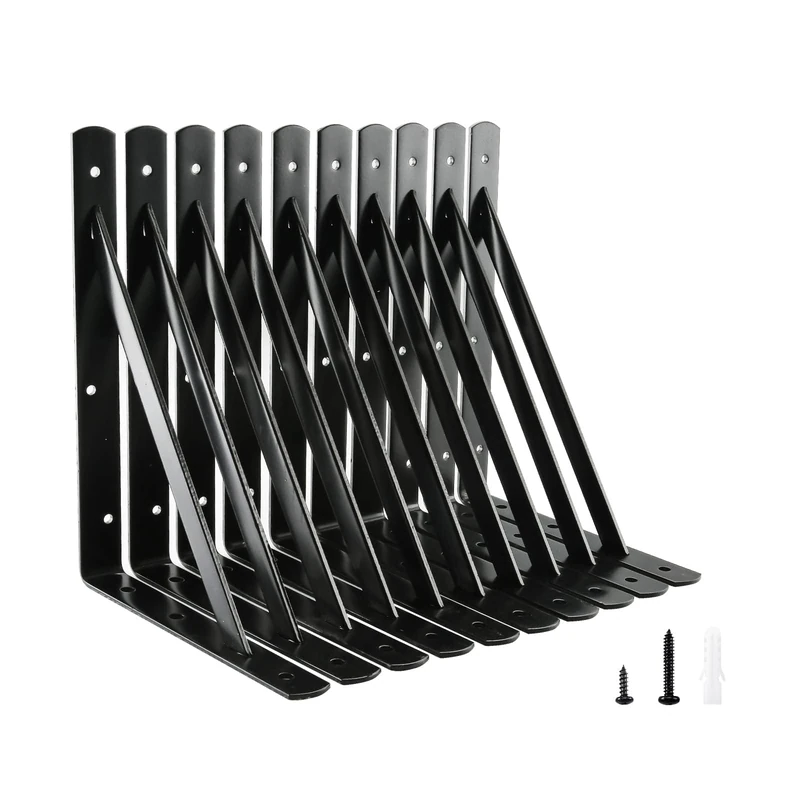 Home Master Hardware 12 inch x 8 inch Heavy Duty Shelf Brackets, Load Capacity: 600lb, Black Metal 90 Degree Supports for Shelves 10-Pack, Wall Mounted L Bracket for Floating Shelving with Screws