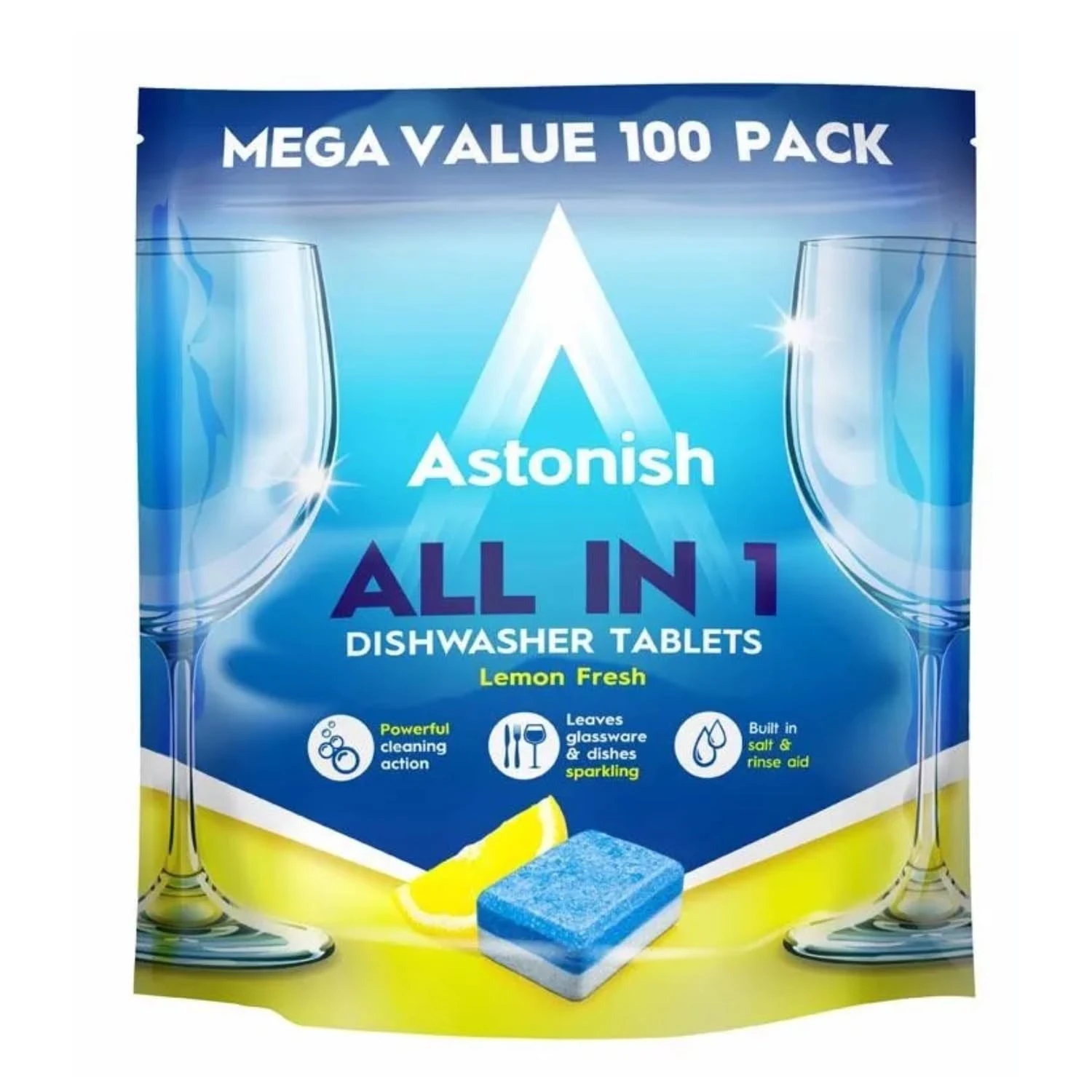 Astonish All In 1 Powerful Cleaning Dishwasher Tablets with Salt and Rinse Aid, Mega Pack of 100 Tablets, Lemon Fresh
