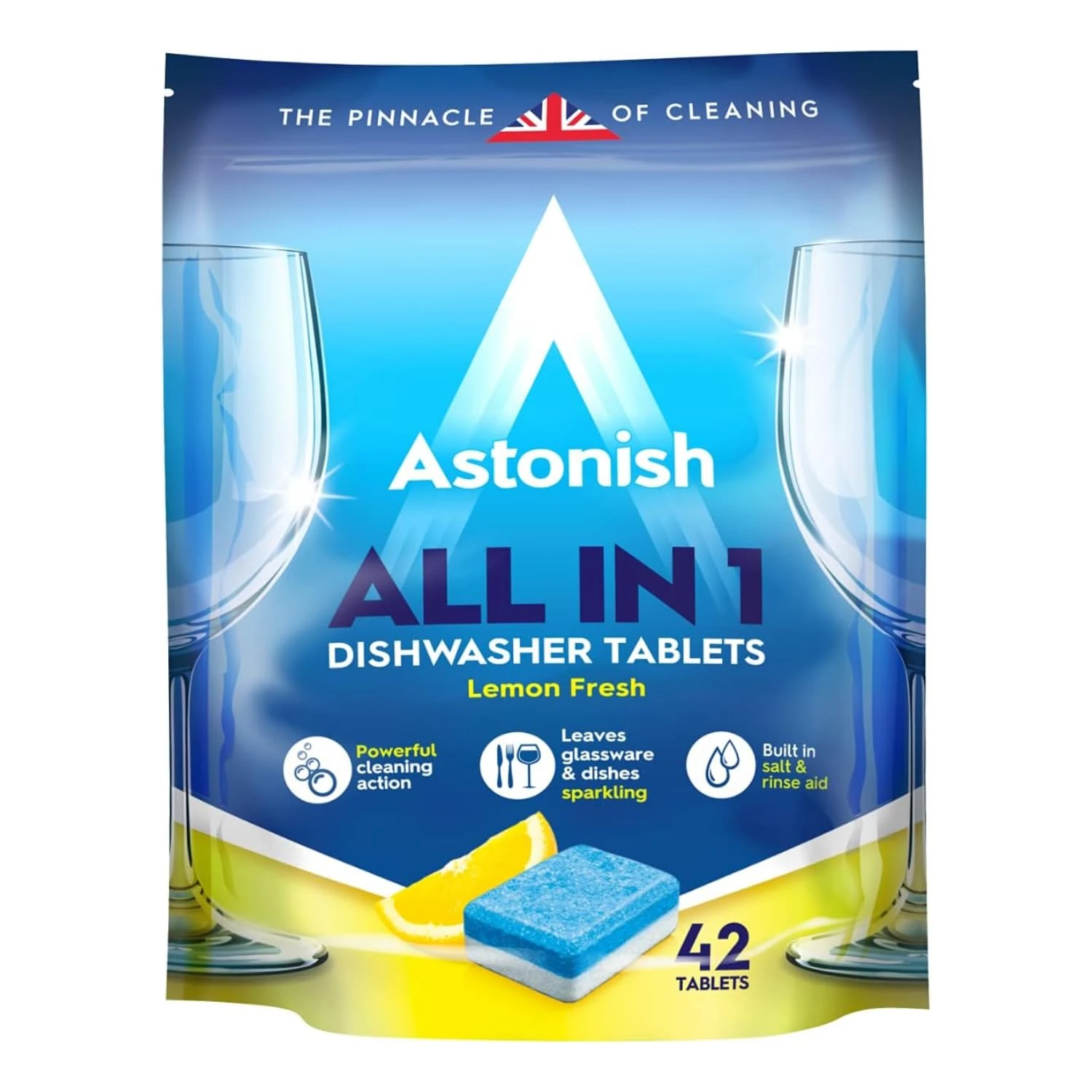 Astonish All In 1 Powerful Cleaning Dishwasher Tablets with Salt and Rinse Aid, Pack of 42 Tablets, Lemon Fresh