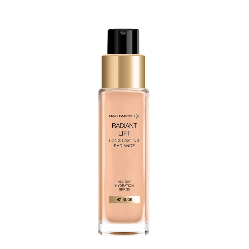 Max Factor Radiant Lift Liquid Pump Medium to Full Coverage Radiant Finish Foundation with SPF30 and Hyaluronic Acid, 047 Nude, Medium Skin Tone, 30ml