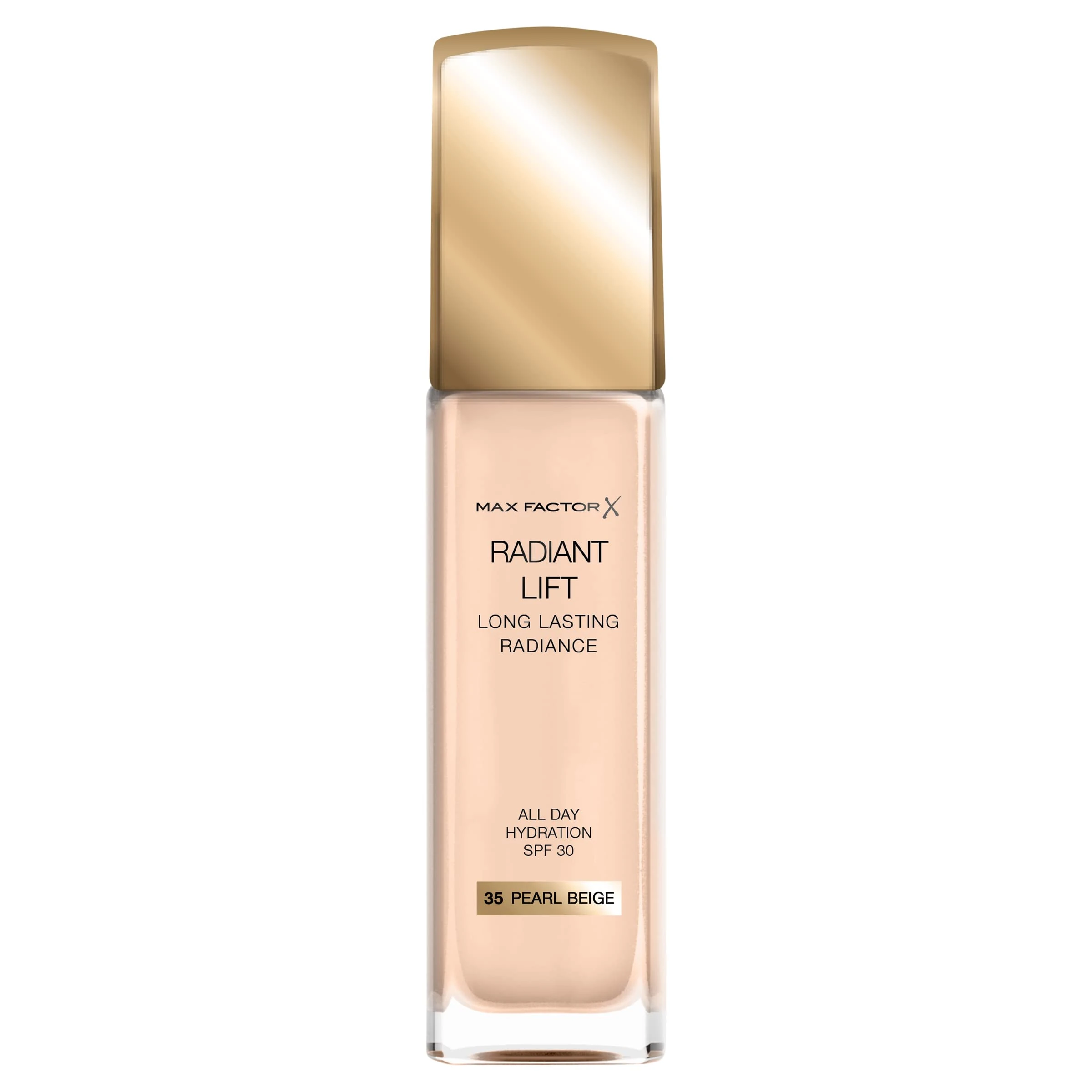 Max Factor Radiant Lift Liquid Pump Medium to Full Coverage Radiant Finish Foundation with SPF30 and Hyaluronic Acid, 035 Pearl Beige, Medium Skin Tone, 30ml