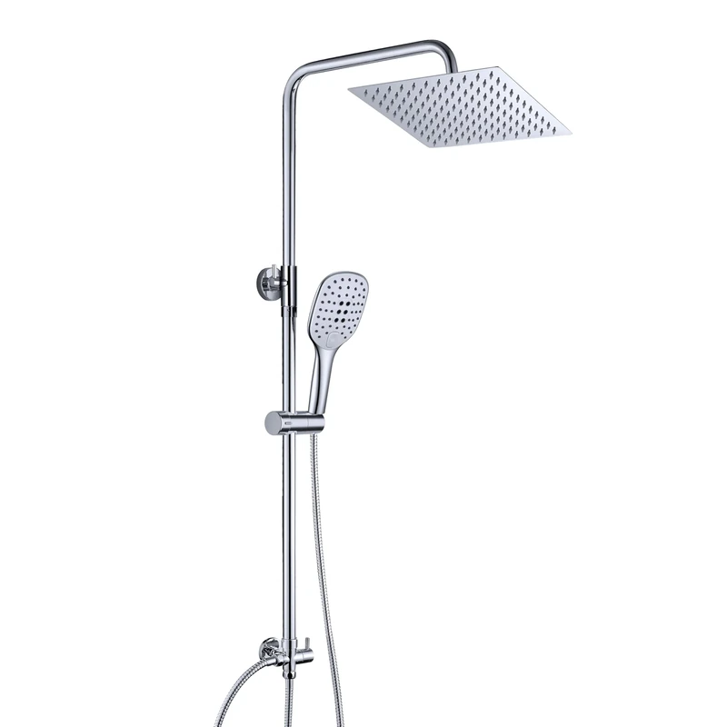JOHO Shower Column Without Thermostatic Mixer 304 Stainless Steel Chrome Hydromassage Shower Set with Rainshower and Hand Shower (20 x 20 cm Square)