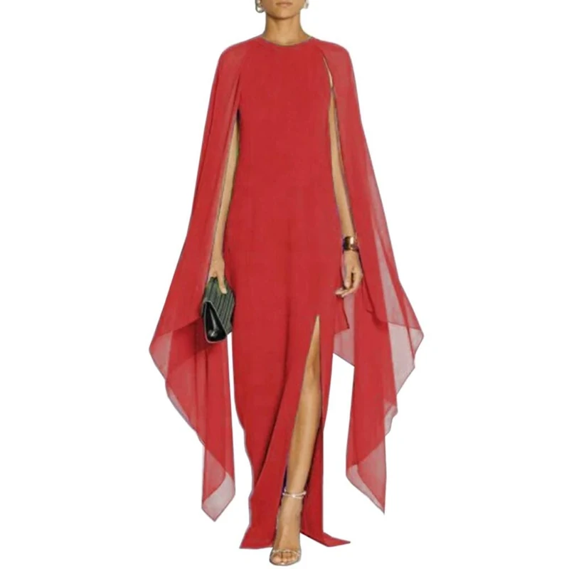 MuCoo Women's Elegant High Split Crepe Flared Sleeve Formal Evening Long Maxi Dresses Red L