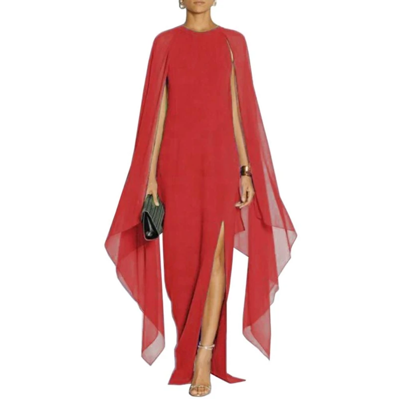 MuCoo Women's Elegant High Split Crepe Flared Sleeve Formal Evening Long Maxi Dresses Red M